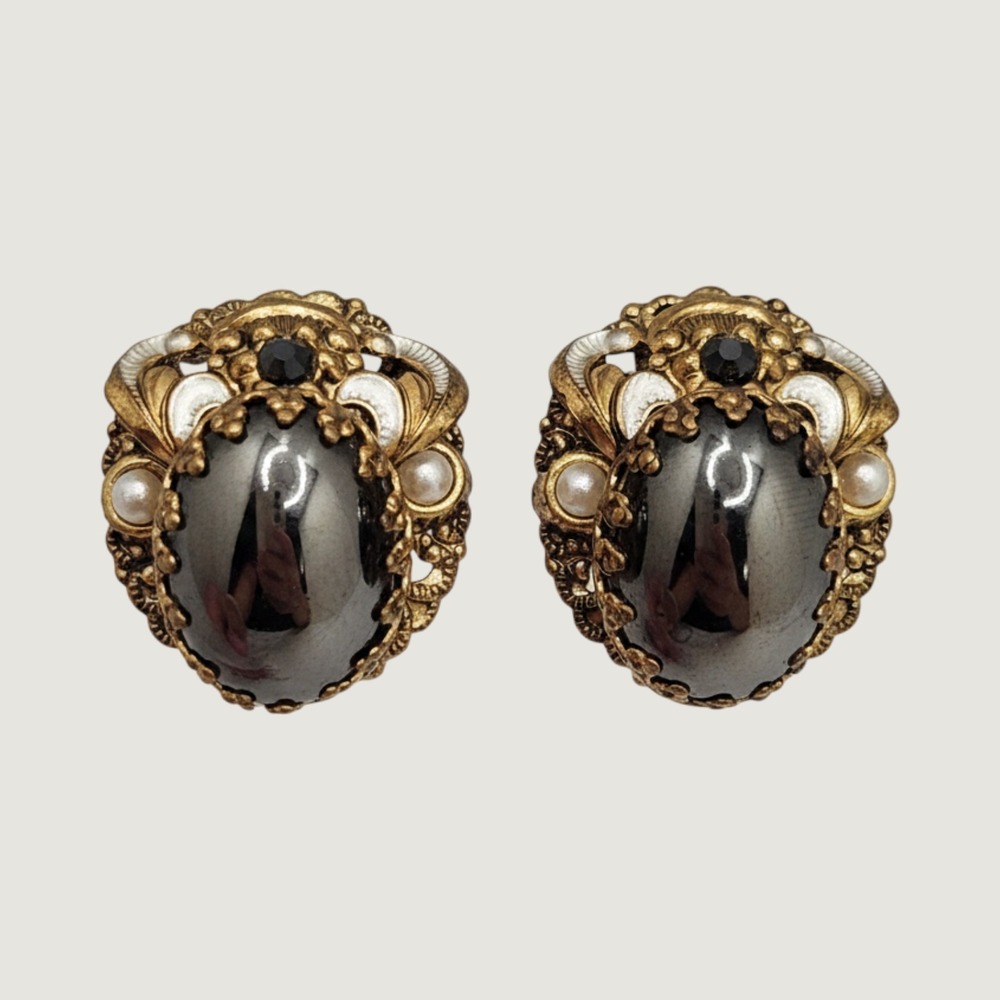 Vintage Victorian Revival Hematite Glass Filigree Clip On Earrings W Germany